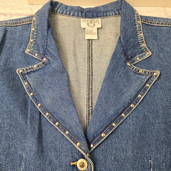 Vintage Cervelle Long Fitted Denim Jacket Jean Blazer Frayed Stud Trim sz Large - Picture 9 of 15